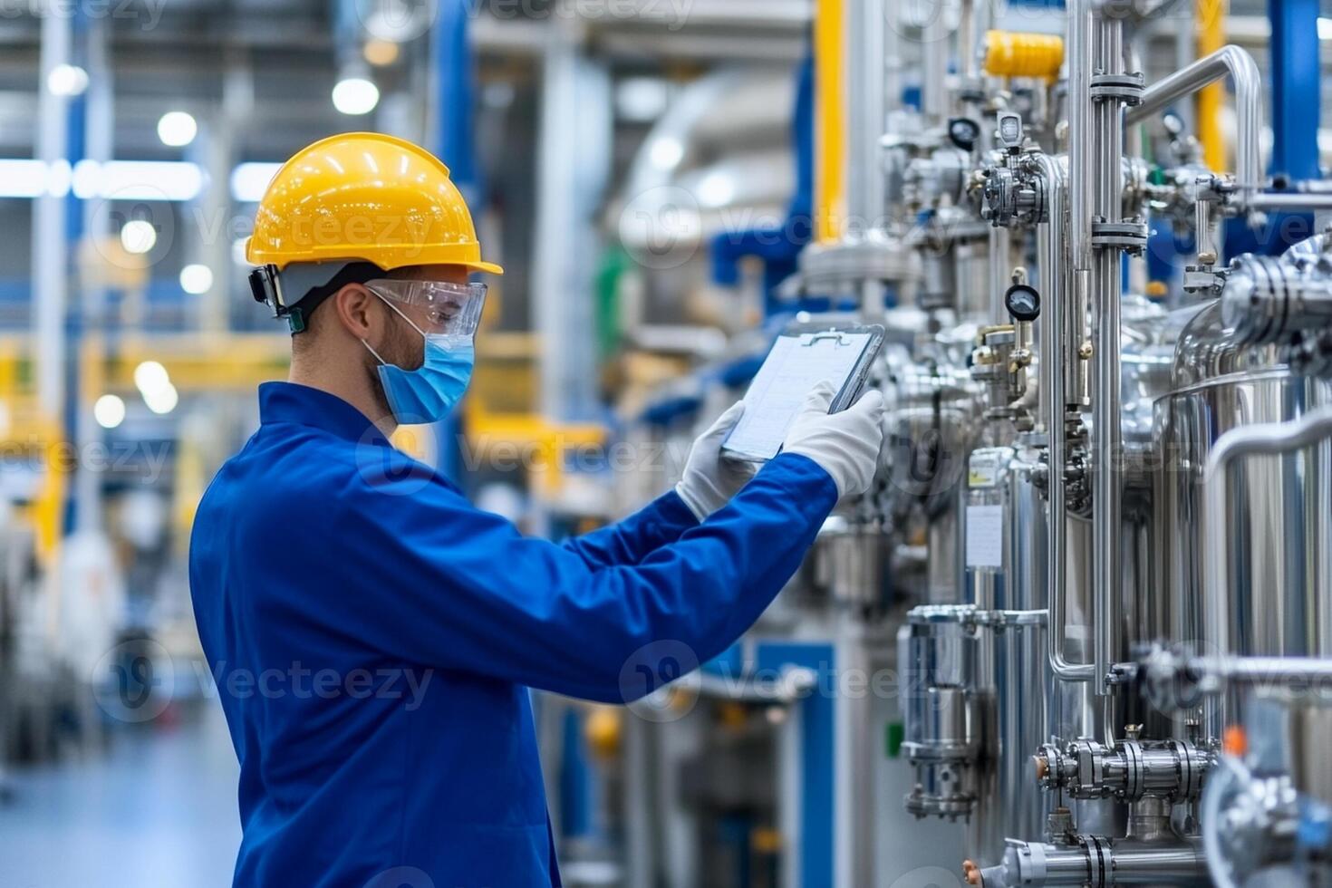 A man in a blue uniform and safety mask is working on a machine photo