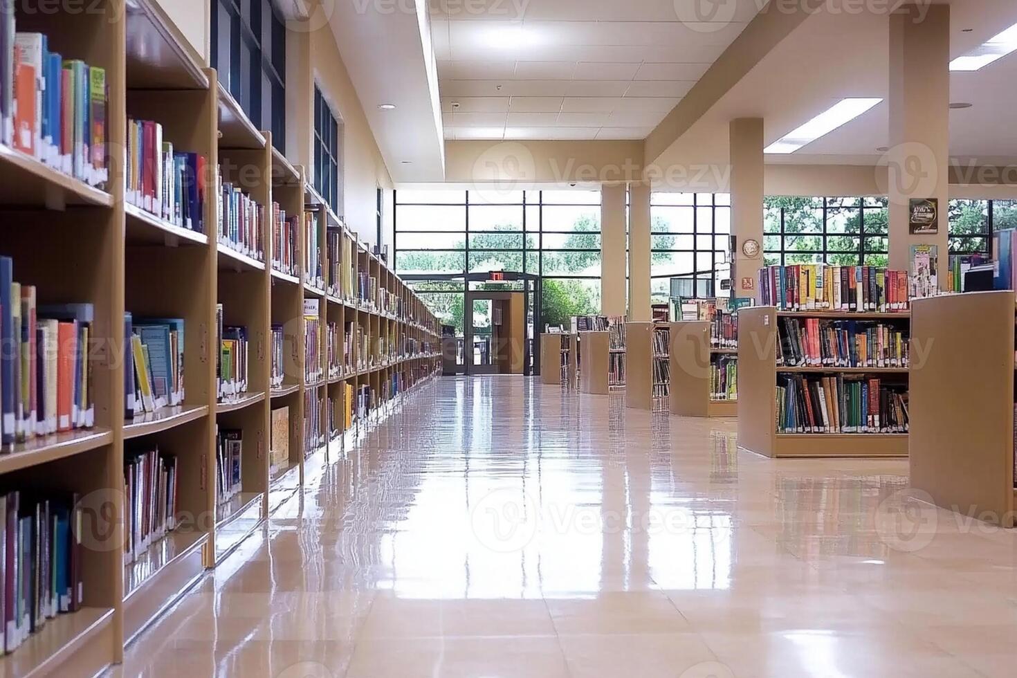 A long hallway with many bookshelves and windows photo
