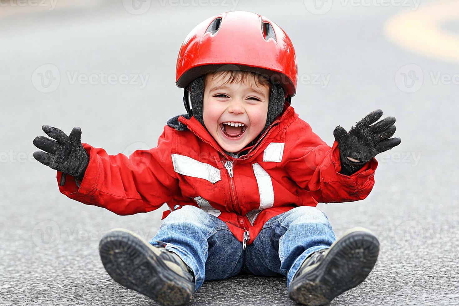 A young boy wearing a red jacket and a helmet photo