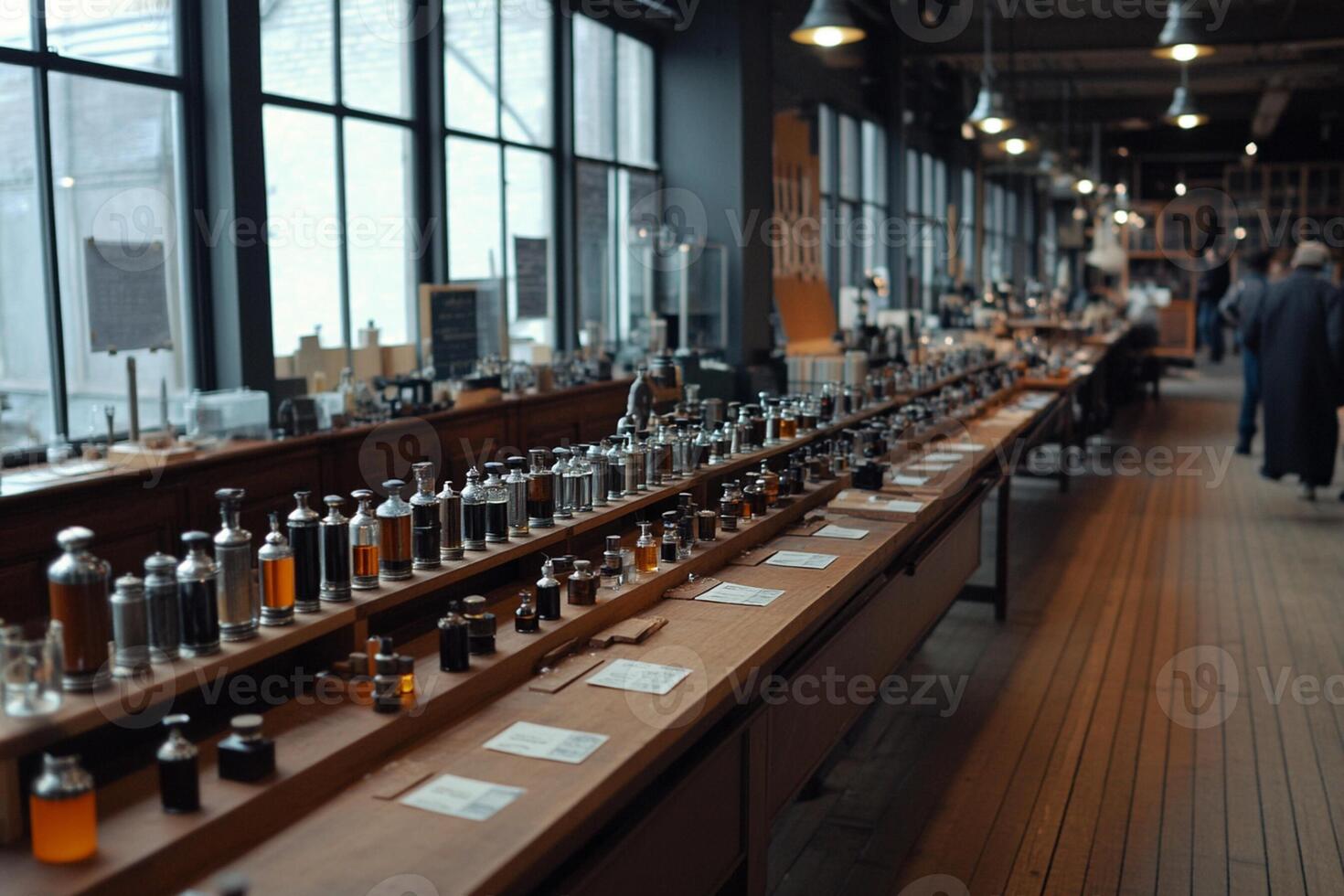 A long row of bottles on a wooden table photo