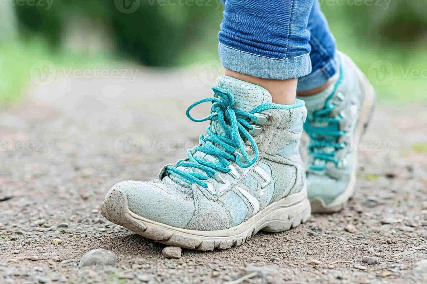 A woman wearing blue and white hiking shoes photo