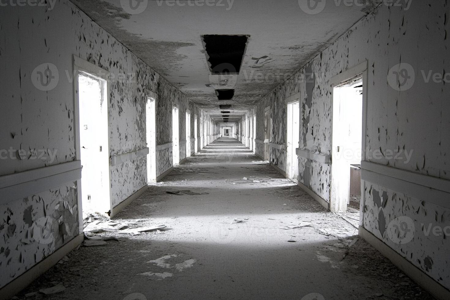 A long hallway with a light shining through the windows photo