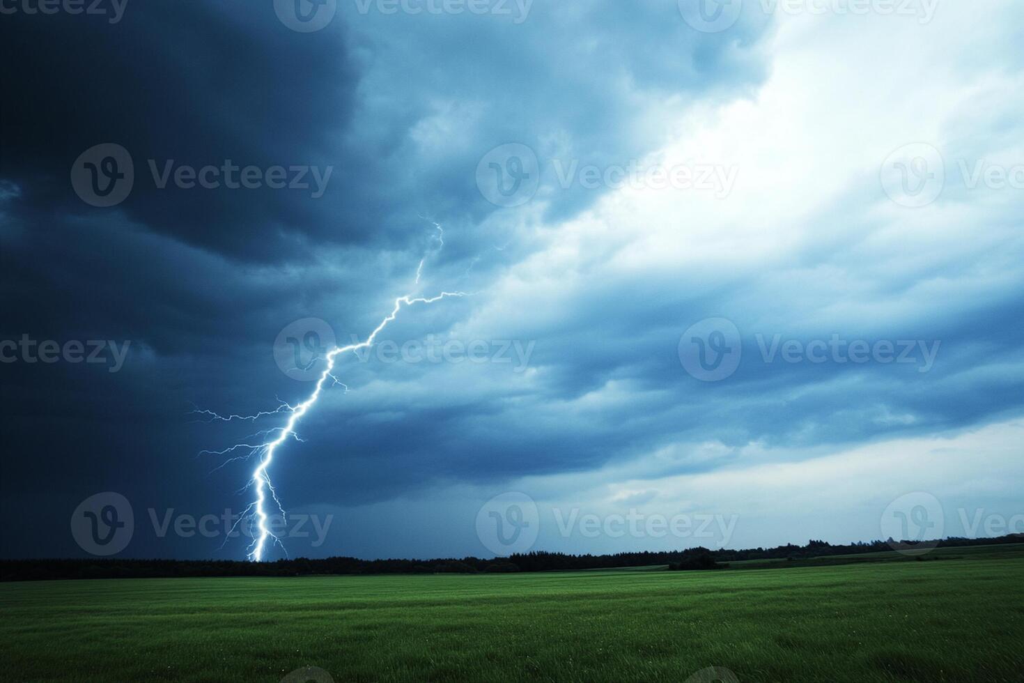 A lightning bolt is seen in the sky over a field photo