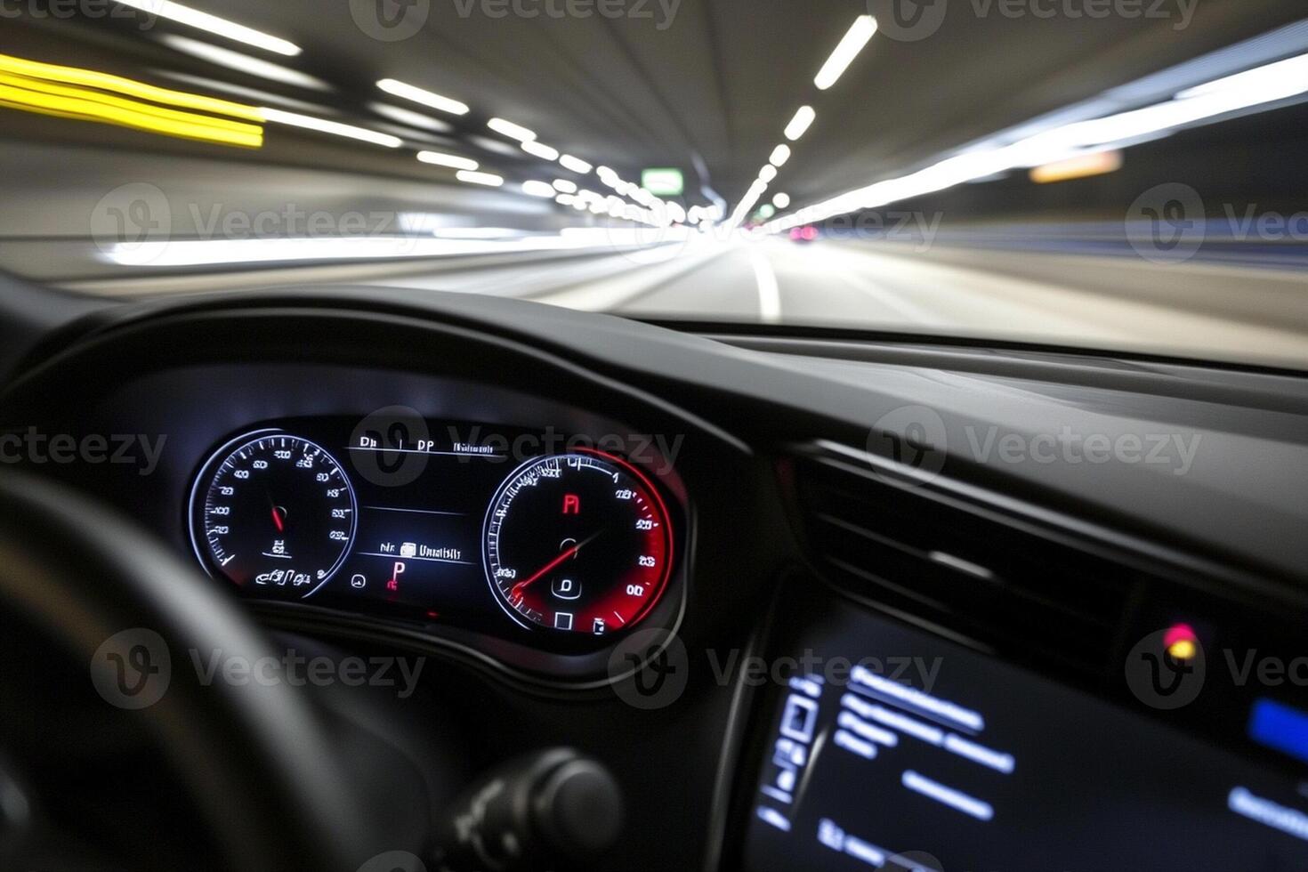 A car driving through a tunnel with a speedometer photo