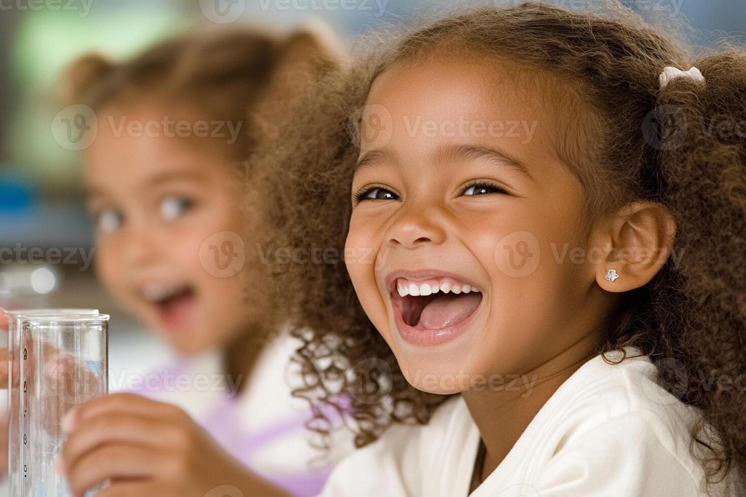 Two children are laughing while holding up test tubes photo