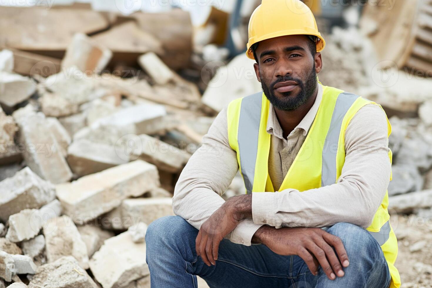 A man in a hard hat sitting on a pile of rubble photo