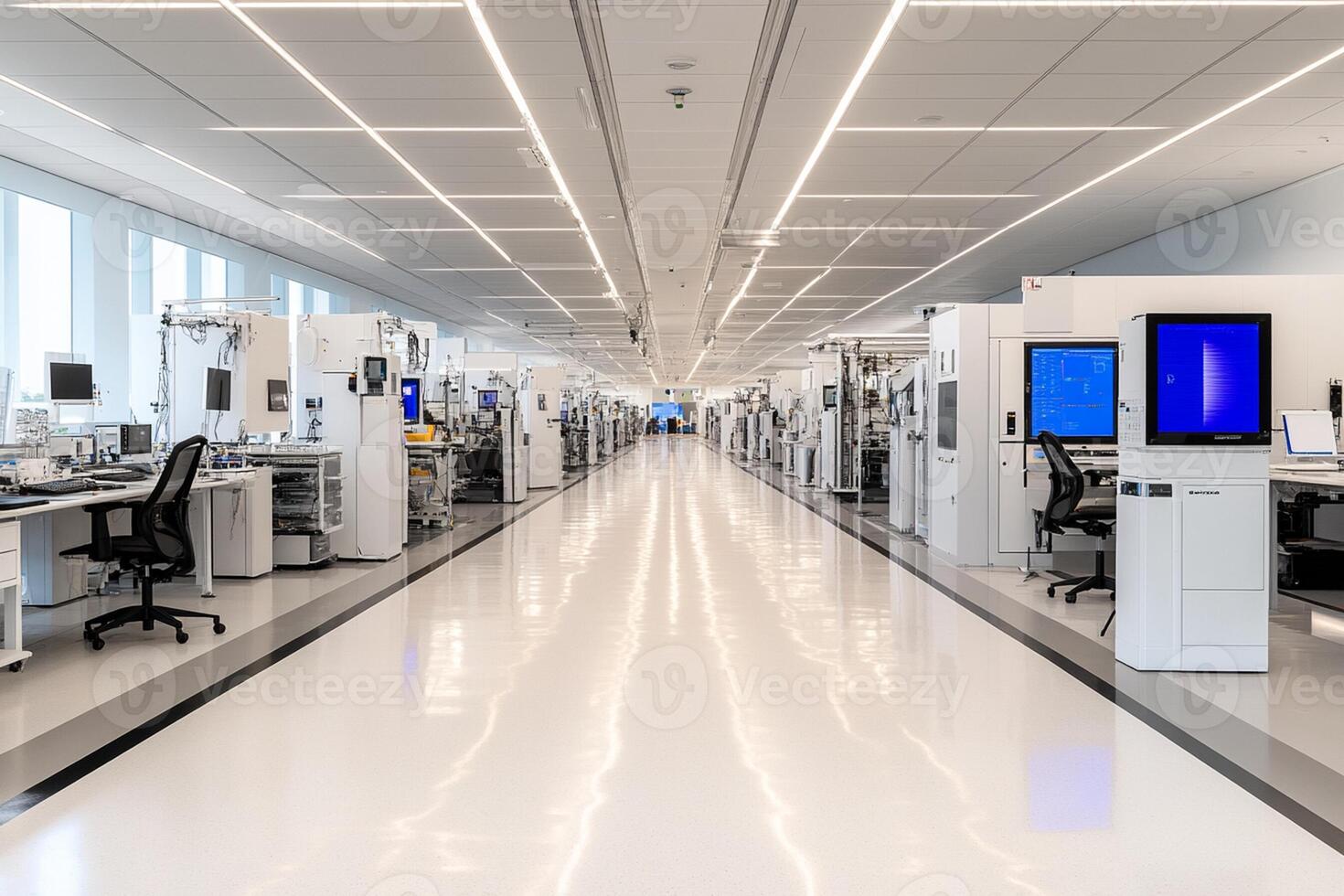 A long hallway with many computers and desks photo