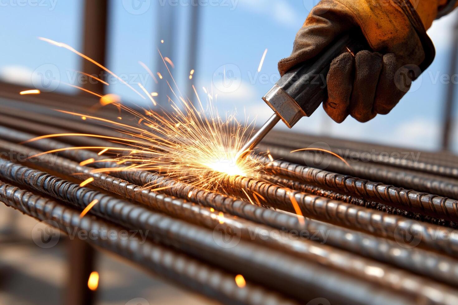 A person welding steel rods with sparks photo