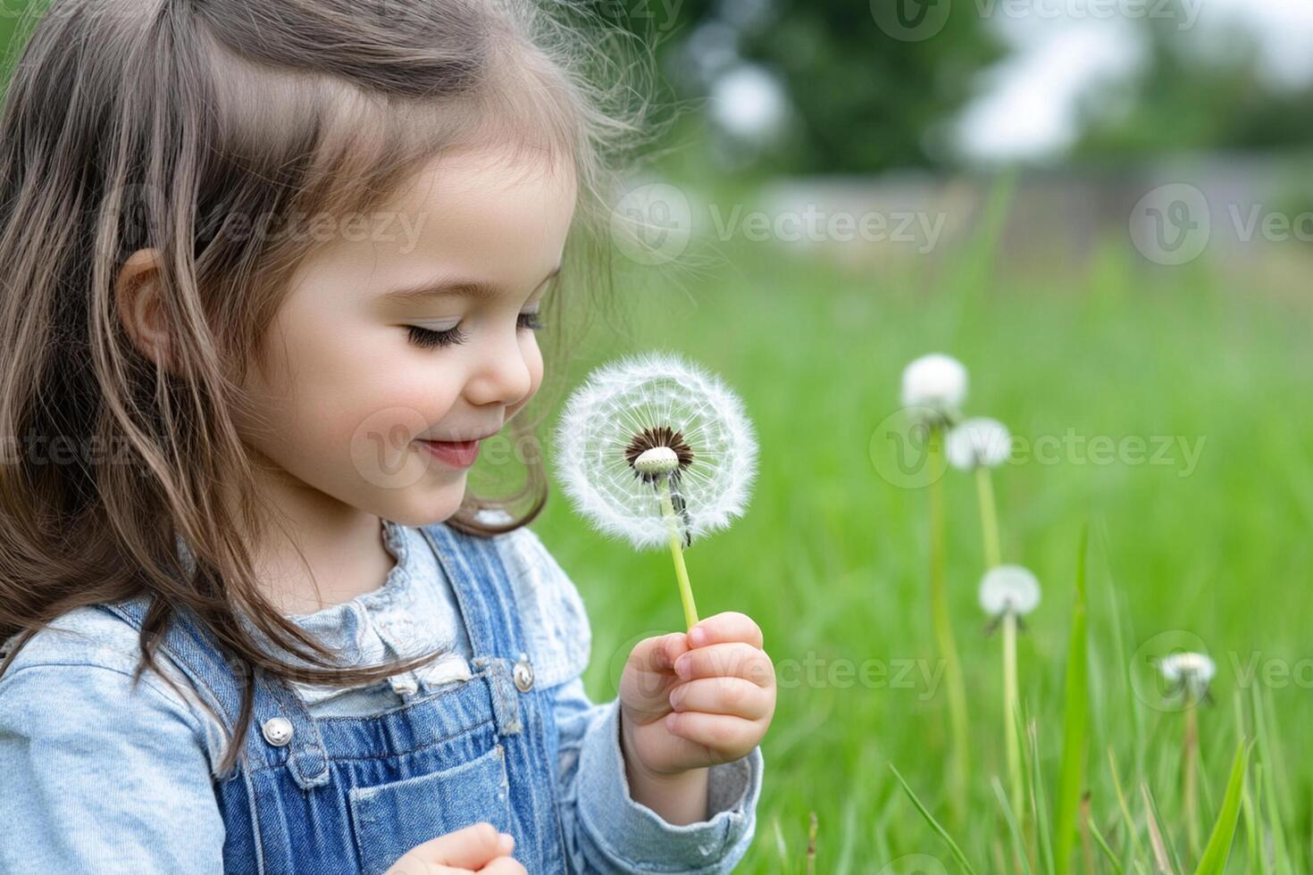A little girl is blowing on a dandelion photo