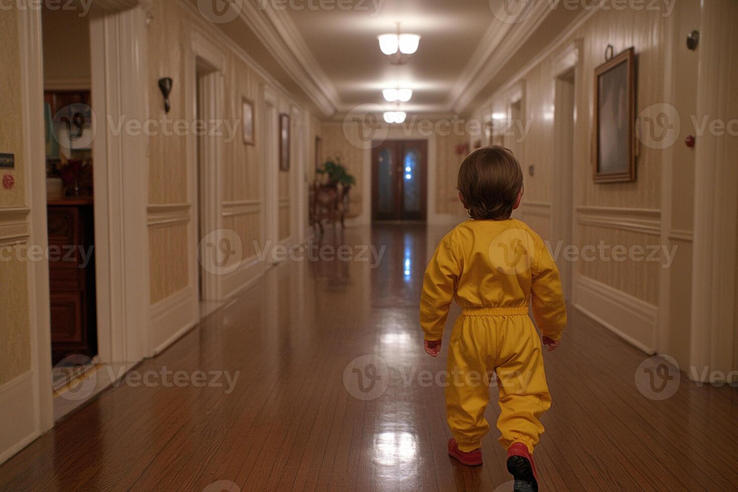 A young child walking down a hallway in a house photo