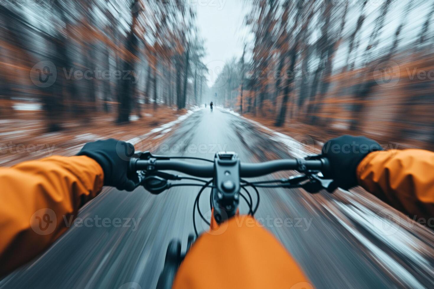 A person riding a bicycle on a road in the woods photo
