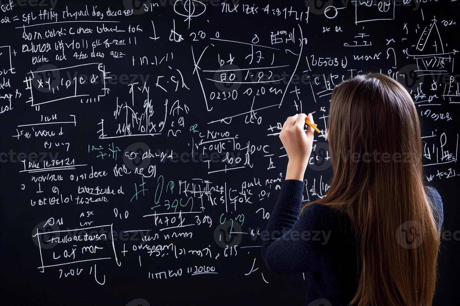 A woman writing on a blackboard with a lot of formulas photo