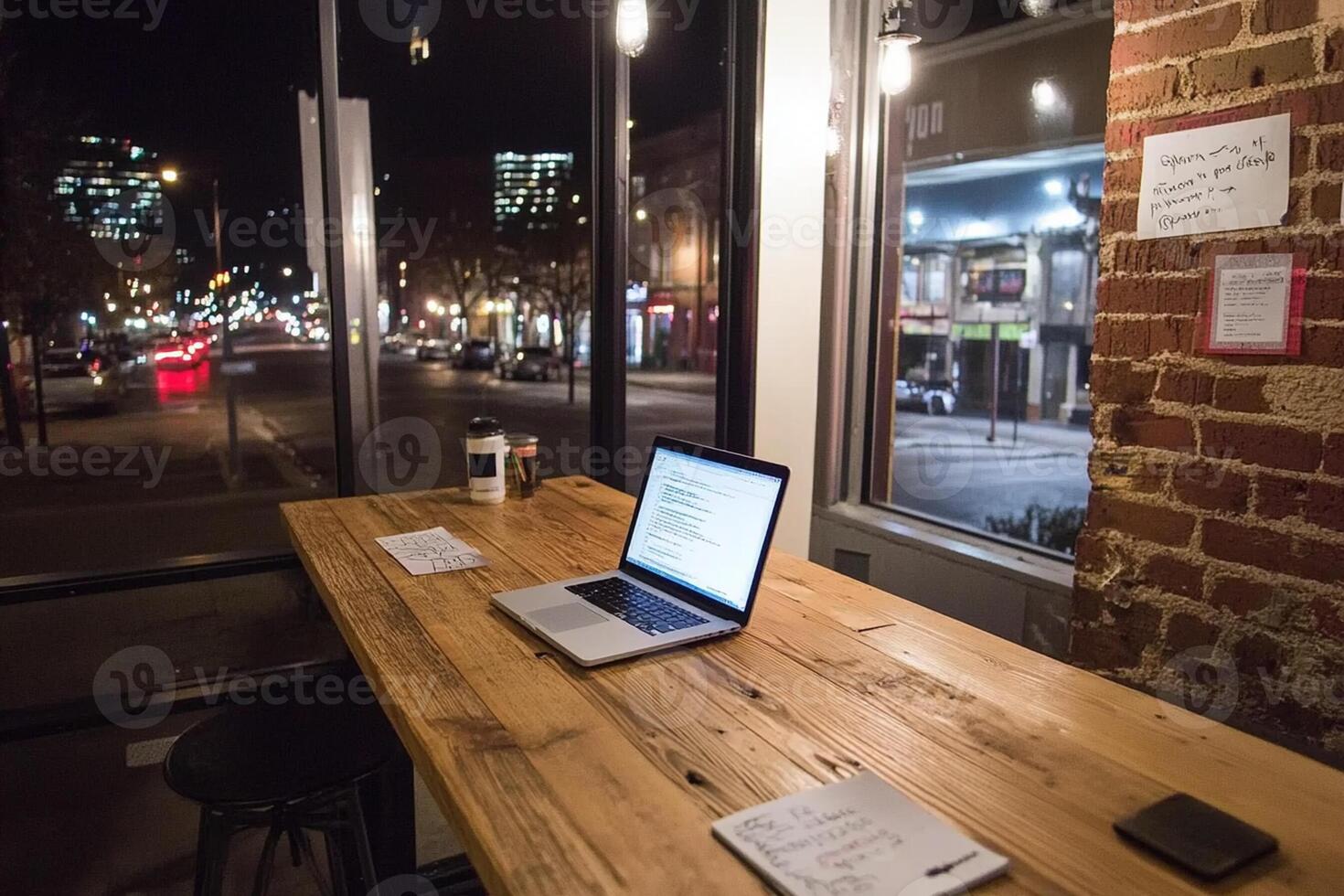 A laptop sitting on a wooden table in front of a window photo