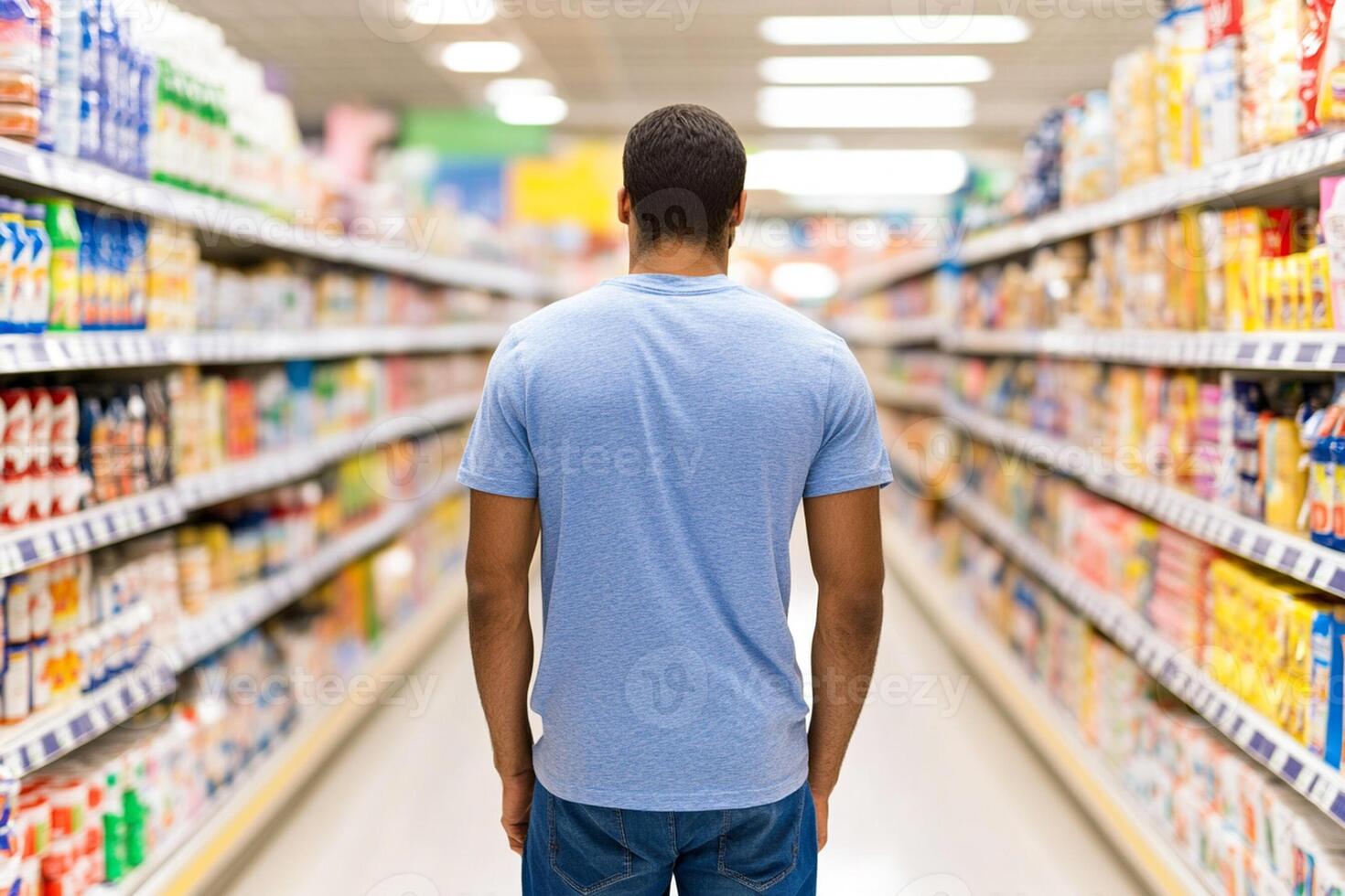 A man is standing in the aisle of a grocery store photo