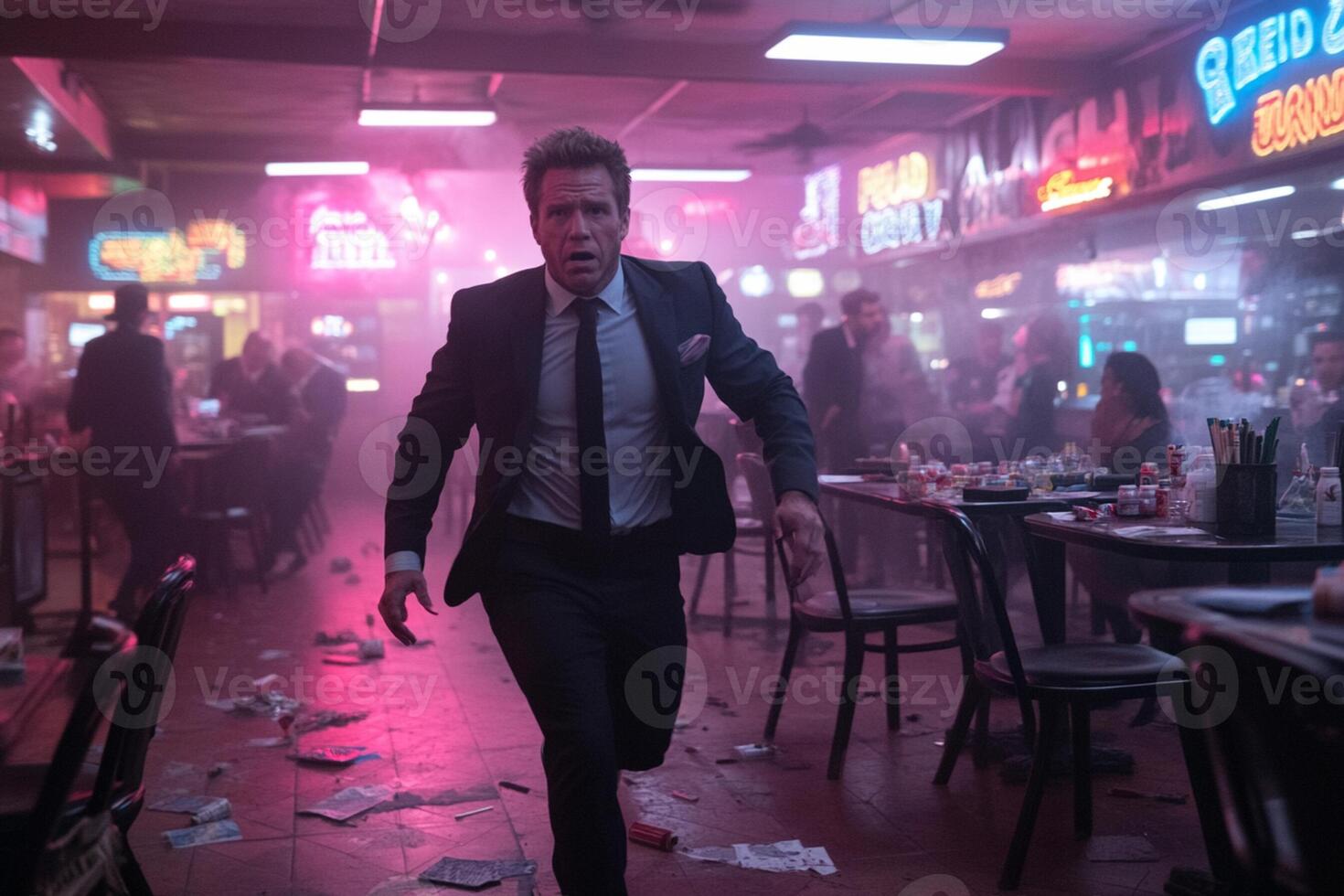 A man in a suit and tie running through a bar photo