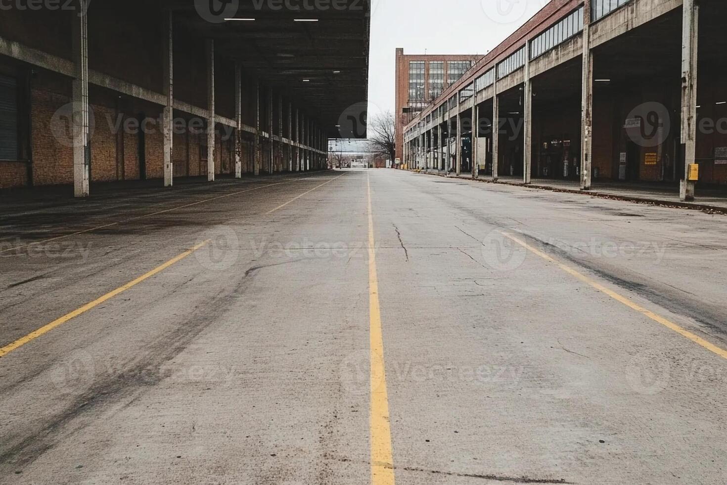 Empty warehouse with yellow lines on the ground photo