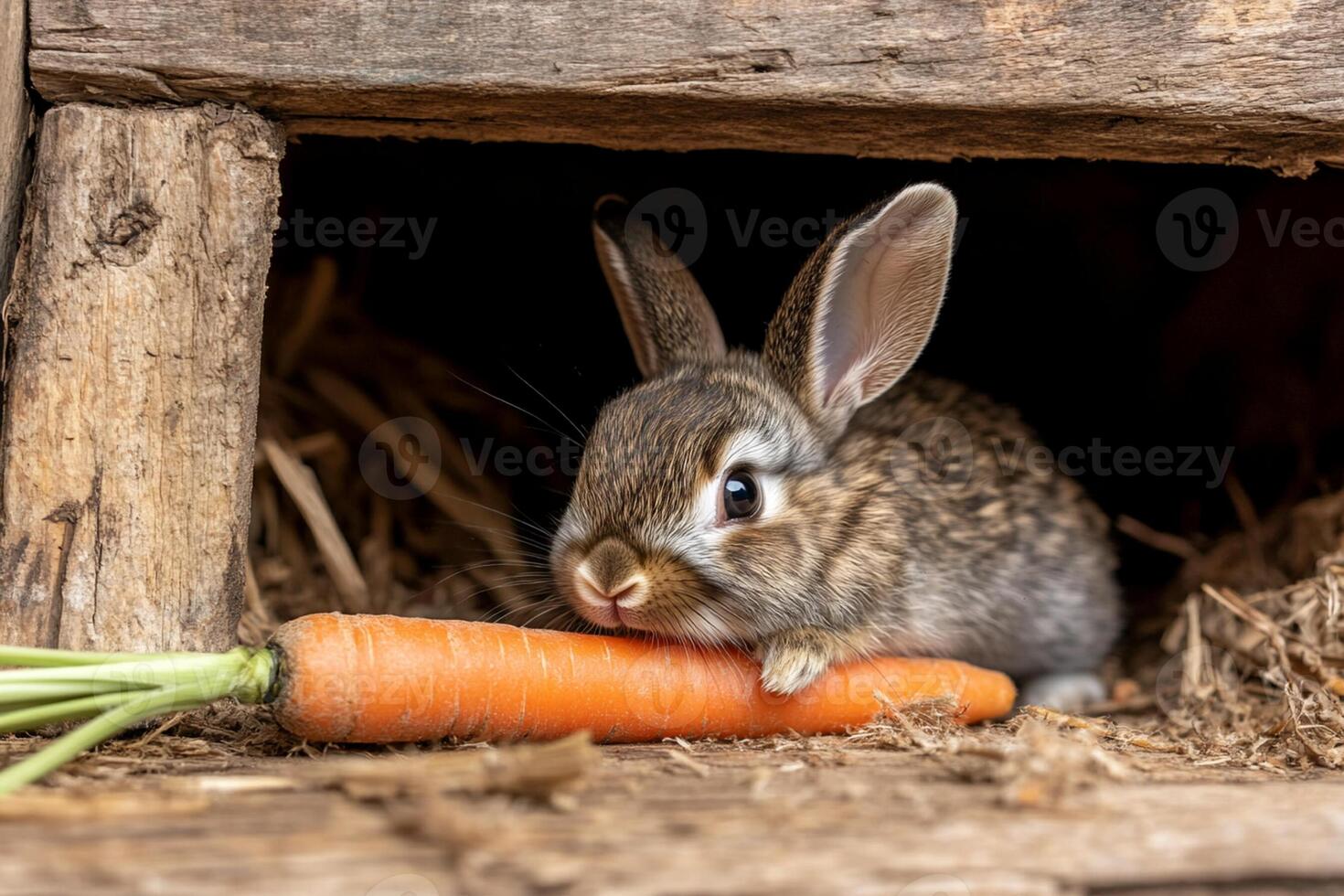 A small rabbit is eating a carrot photo