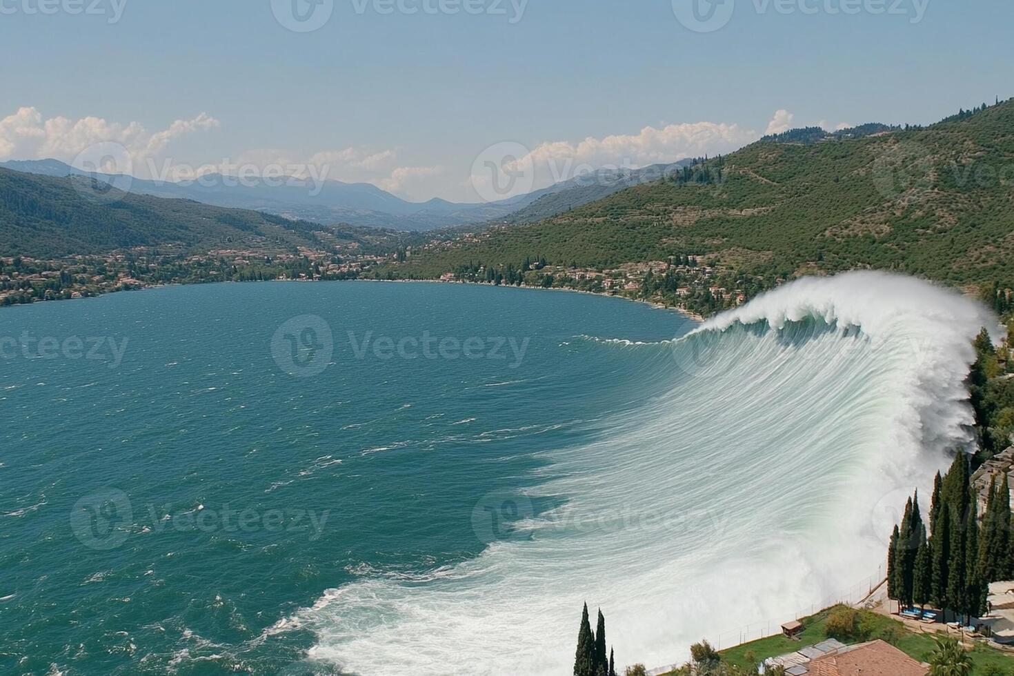 A large wave crashing into the water photo