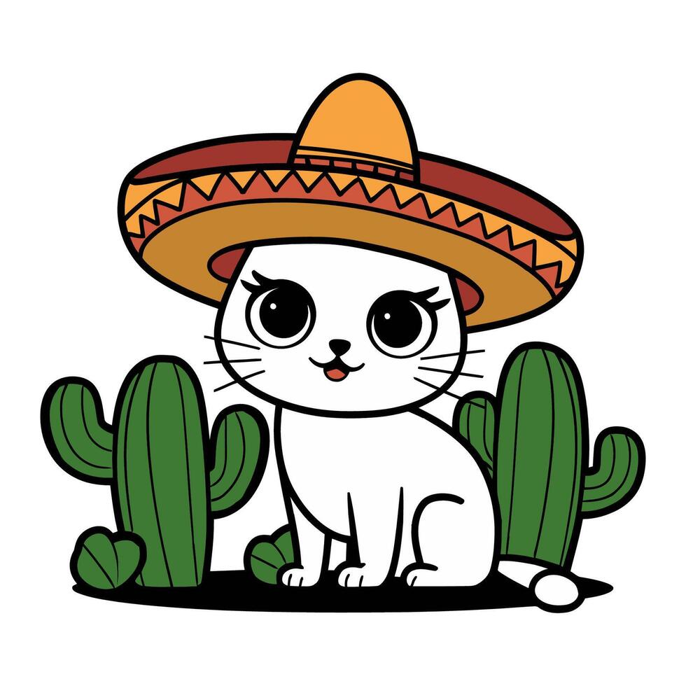 Cute Cat with Sombrero and Cactus Illustration vector