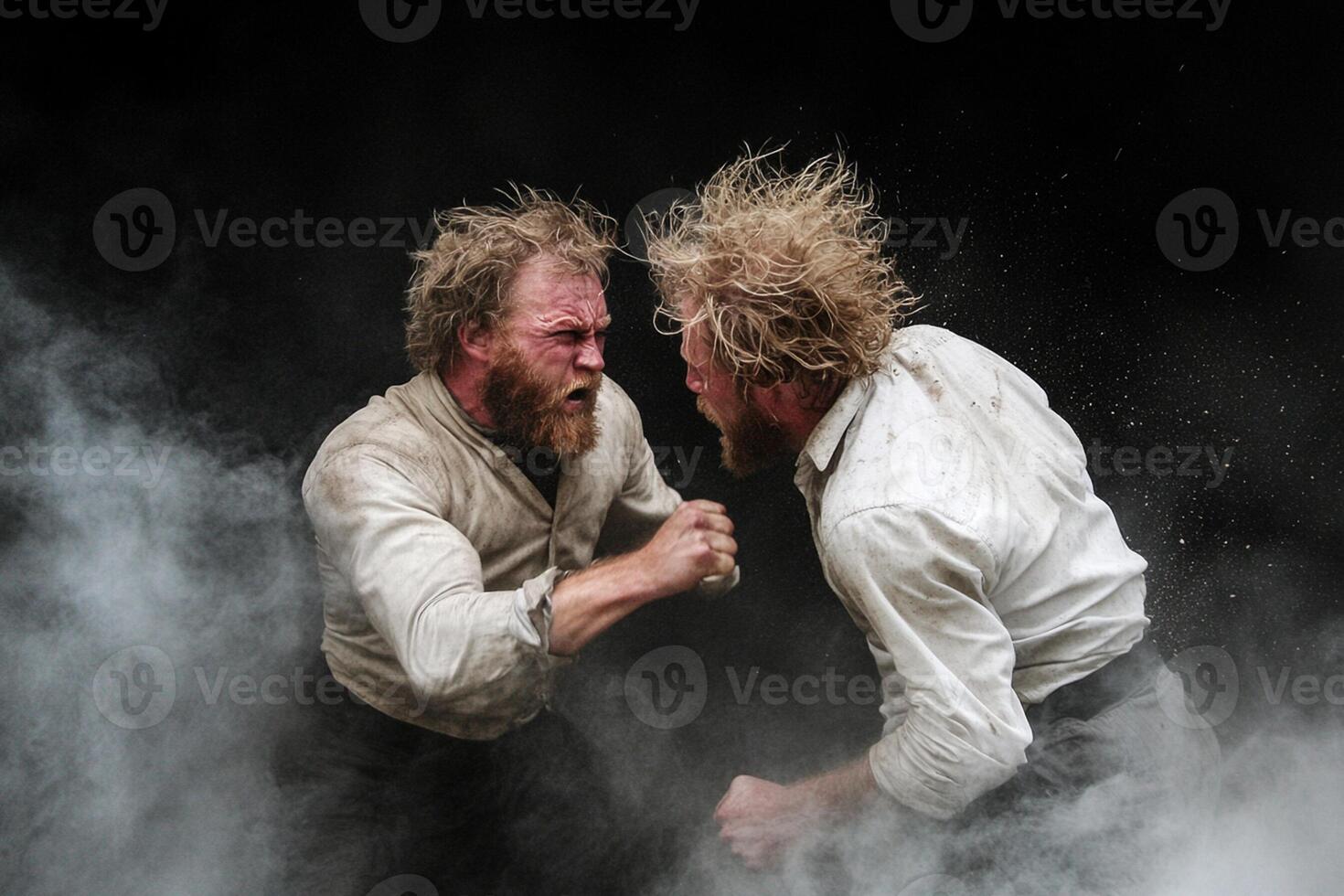 Two men fighting in the dust with smoke photo