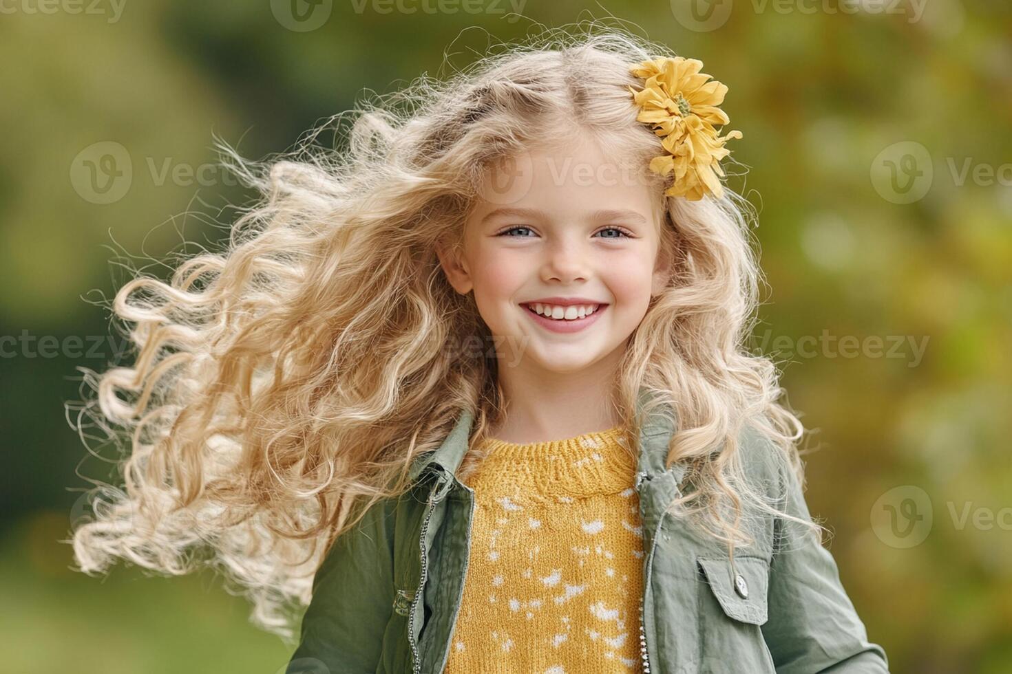 A little girl with long curly hair is smiling photo