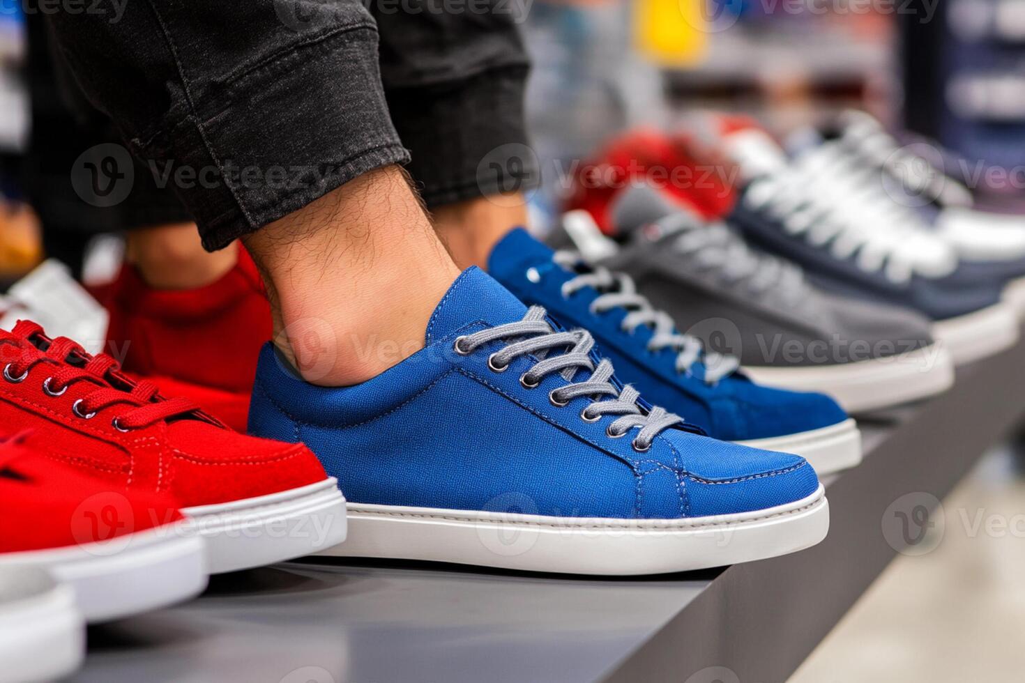 A man's feet are standing in front of a row of different colored sneakers photo