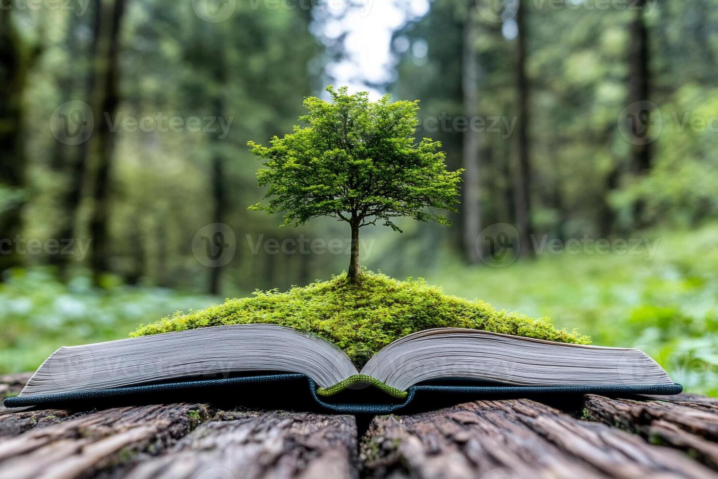 An open book with a tree growing out of it in the middle of a forest photo