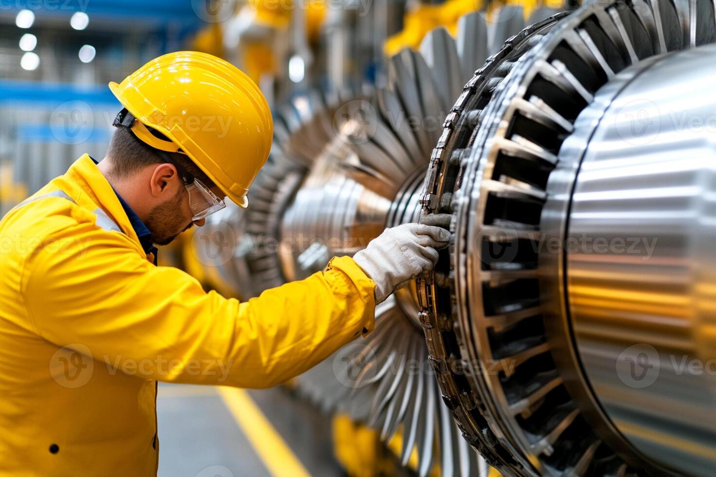 A man in a yellow hard hat working on a turbine photo