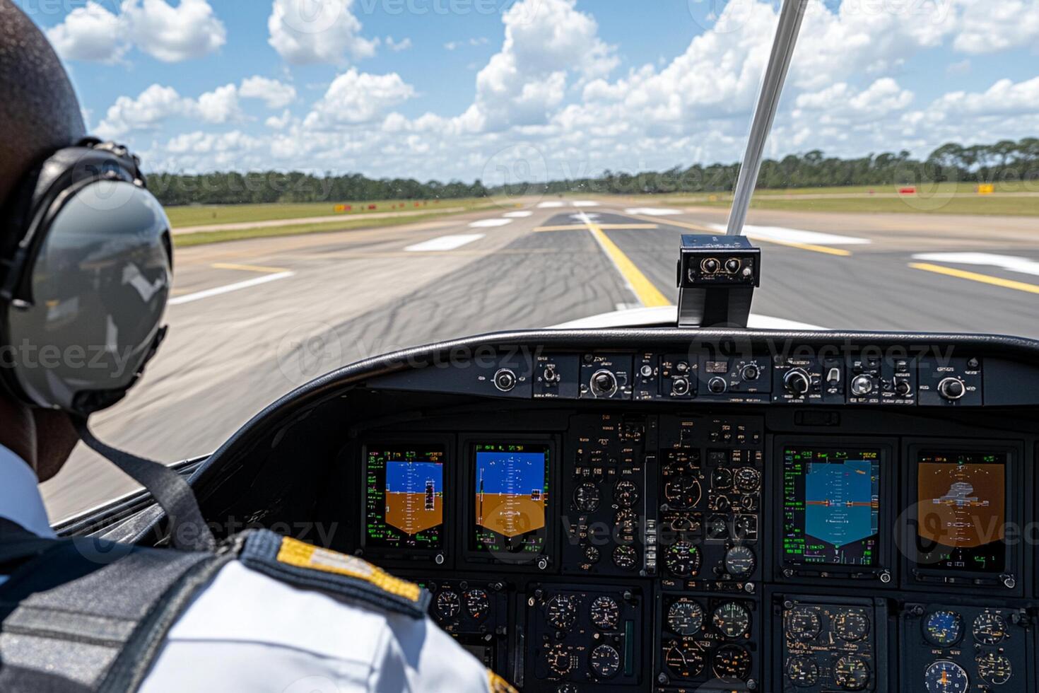 A man in a pilot's seat of a small plane photo