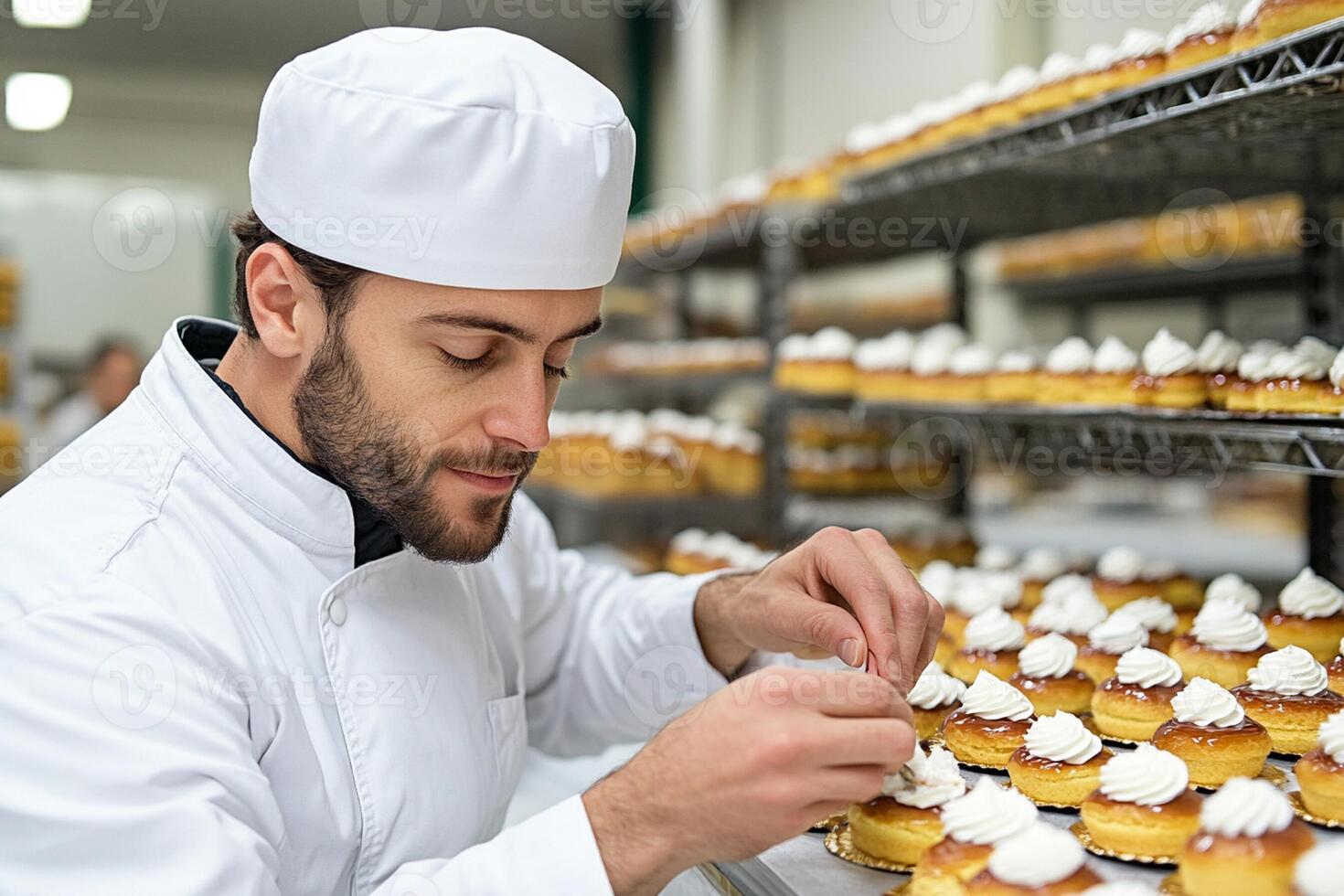 A man in a white hat is working on a pastry photo