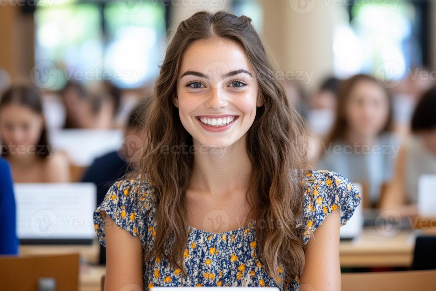 A smiling young woman sitting in front of a classroom photo