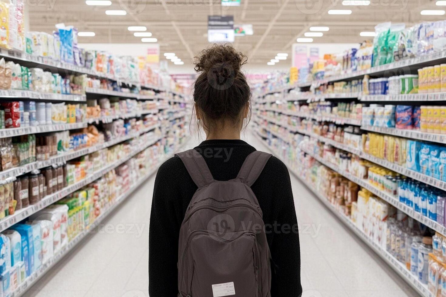A woman with a backpack walks through a grocery aisle photo