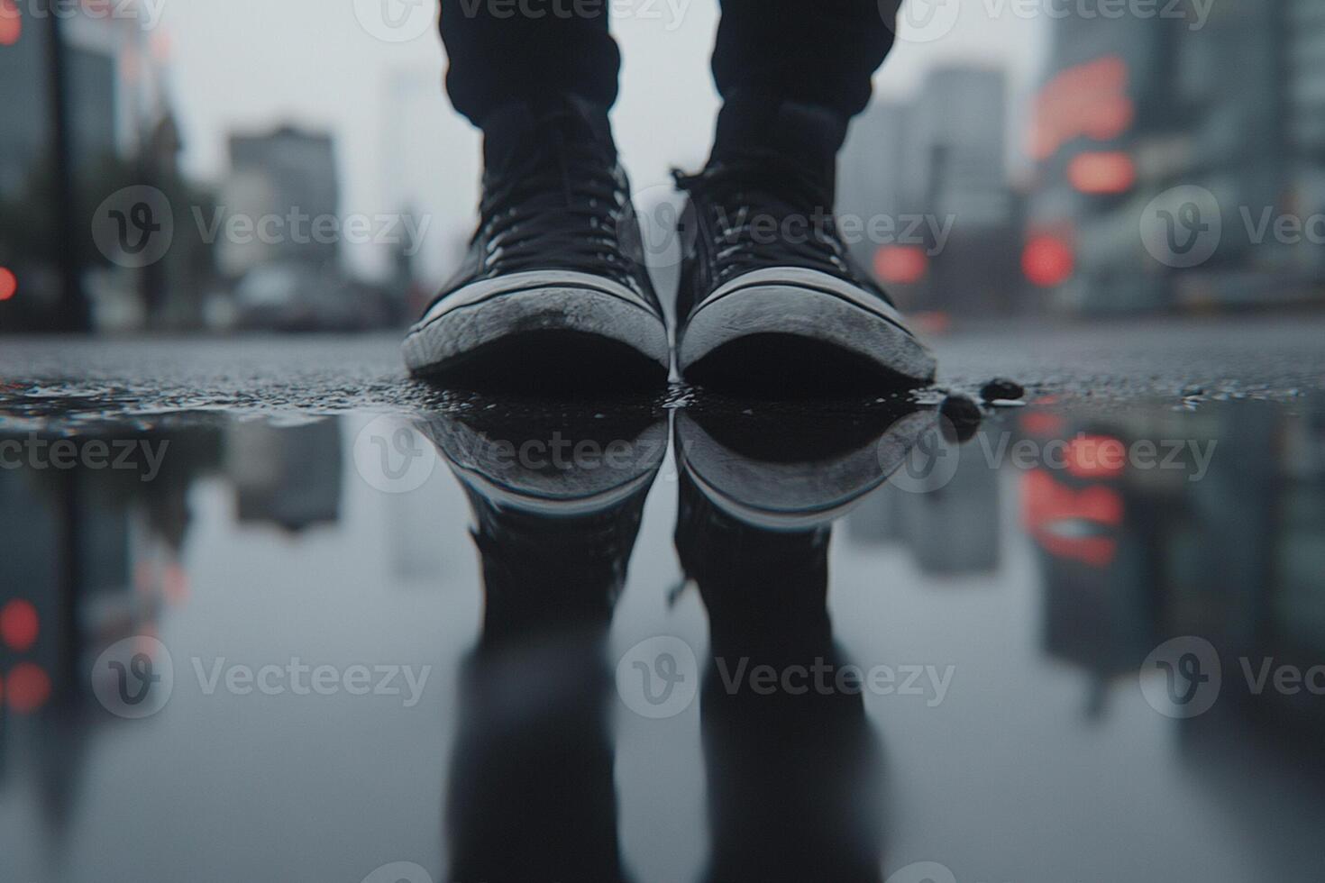 A person standing in the rain with their shoes on photo