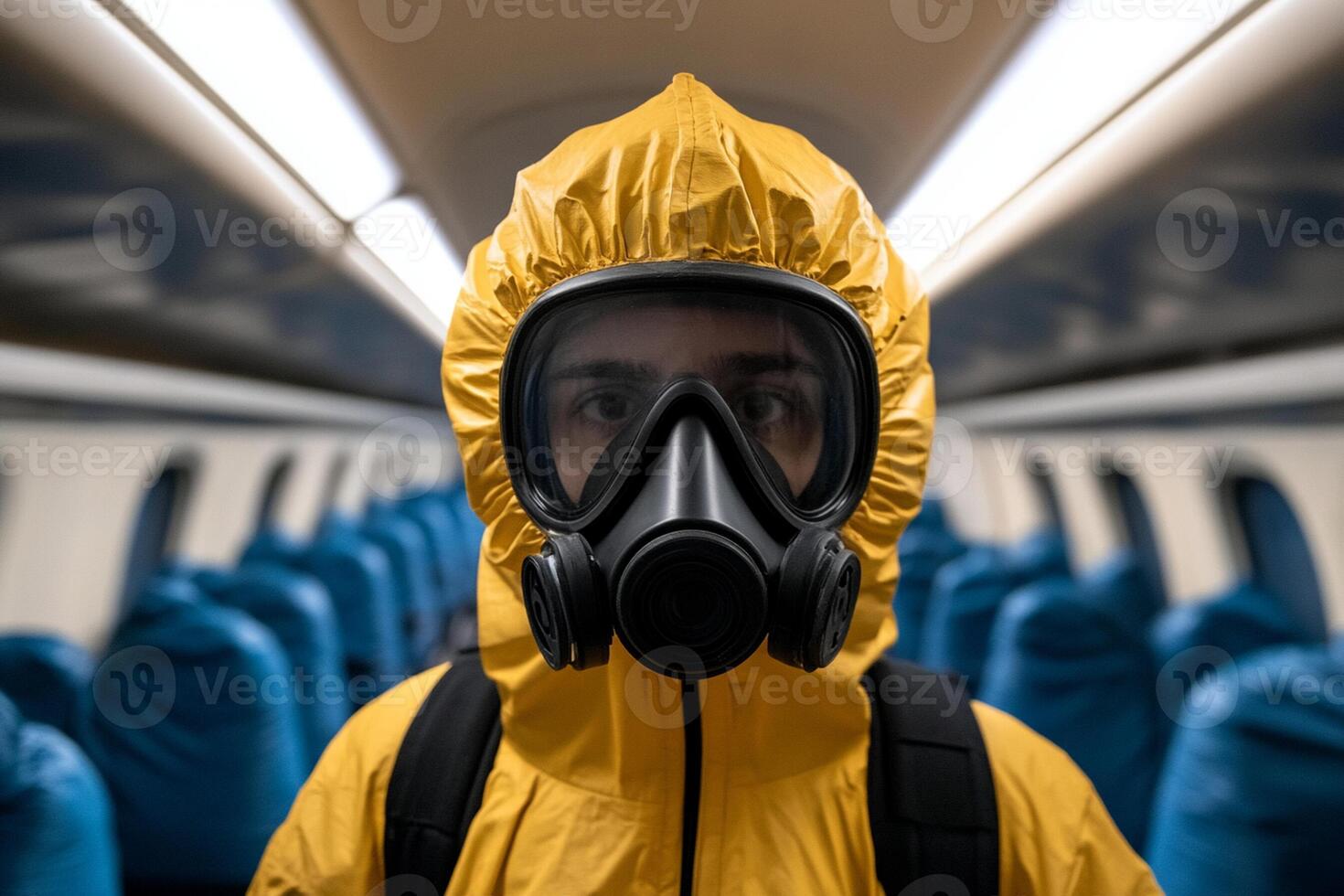 A man in a yellow gas mask and protective suit on a train photo