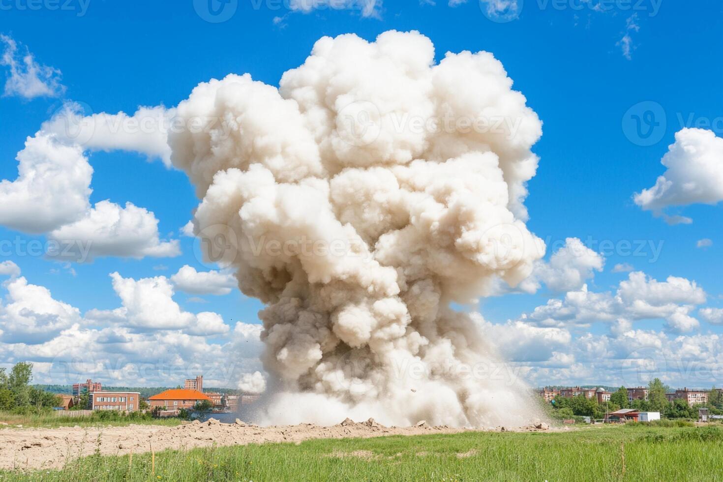 A large cloud of smoke coming out of a building photo