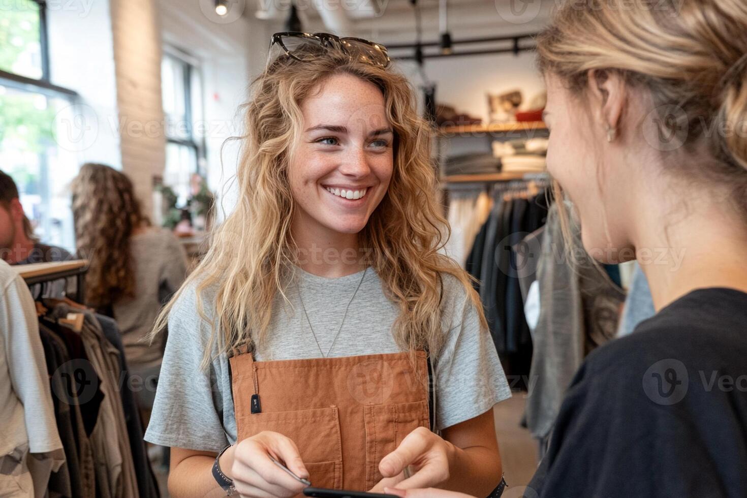 A woman is smiling at another woman in a clothing store photo