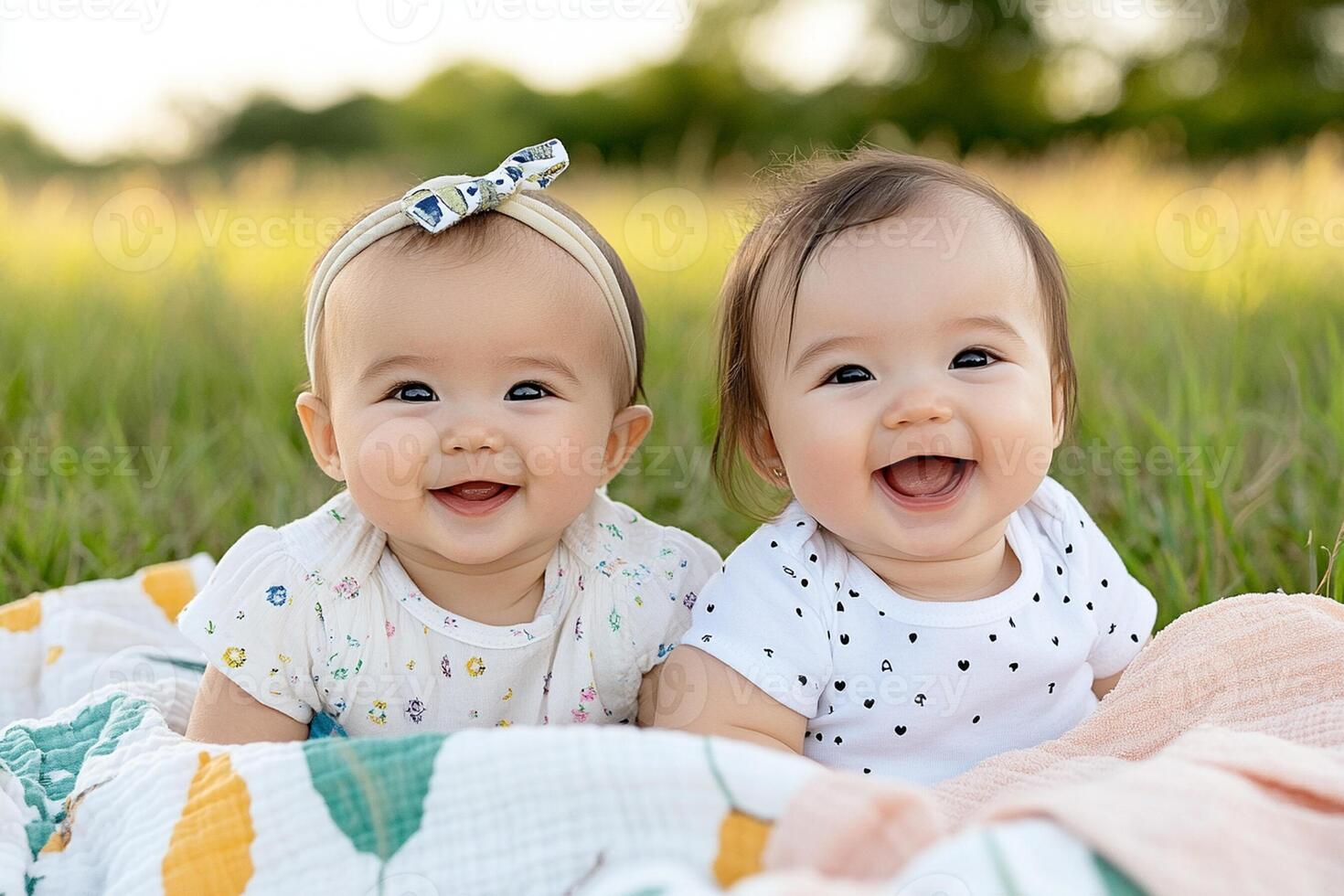 Two baby girls sitting on a blanket in a field photo