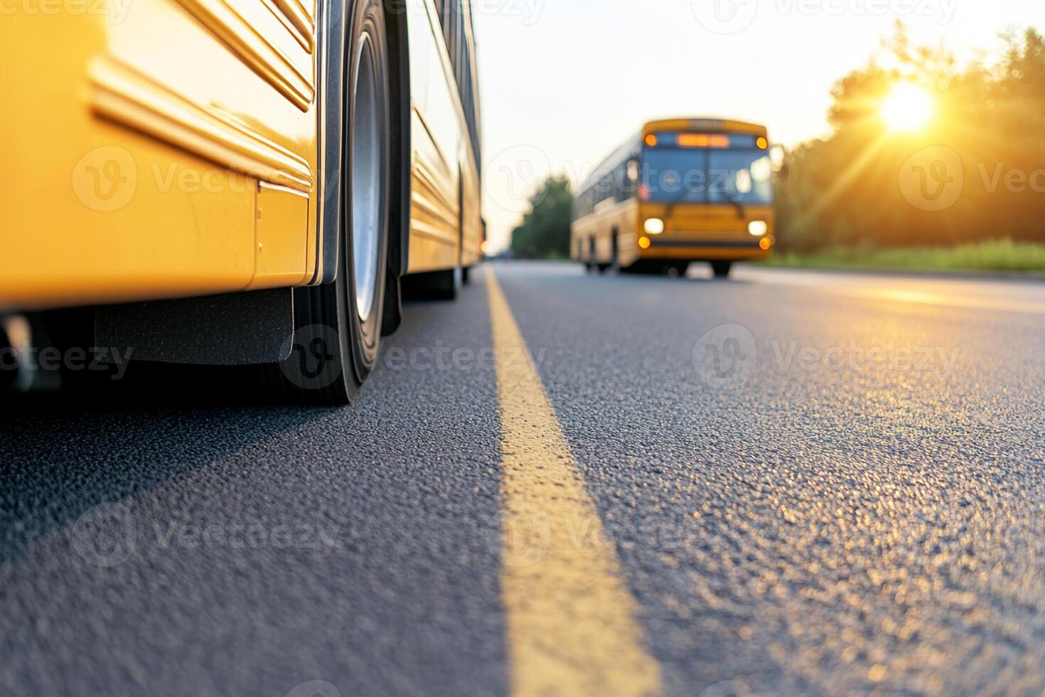 A yellow school bus driving down the road photo