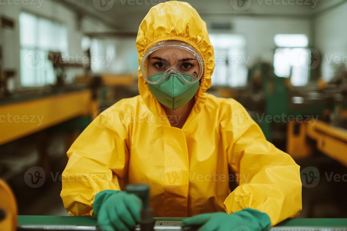 A woman wearing a yellow protective suit and a mask photo