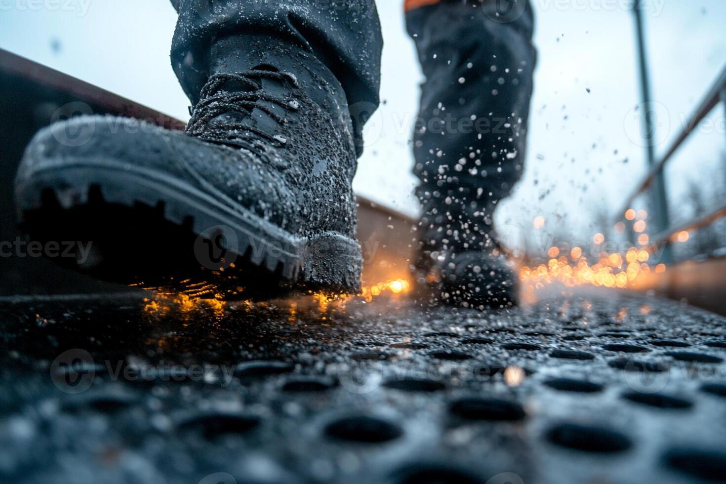 A person walking on a wet surface with rain drops photo