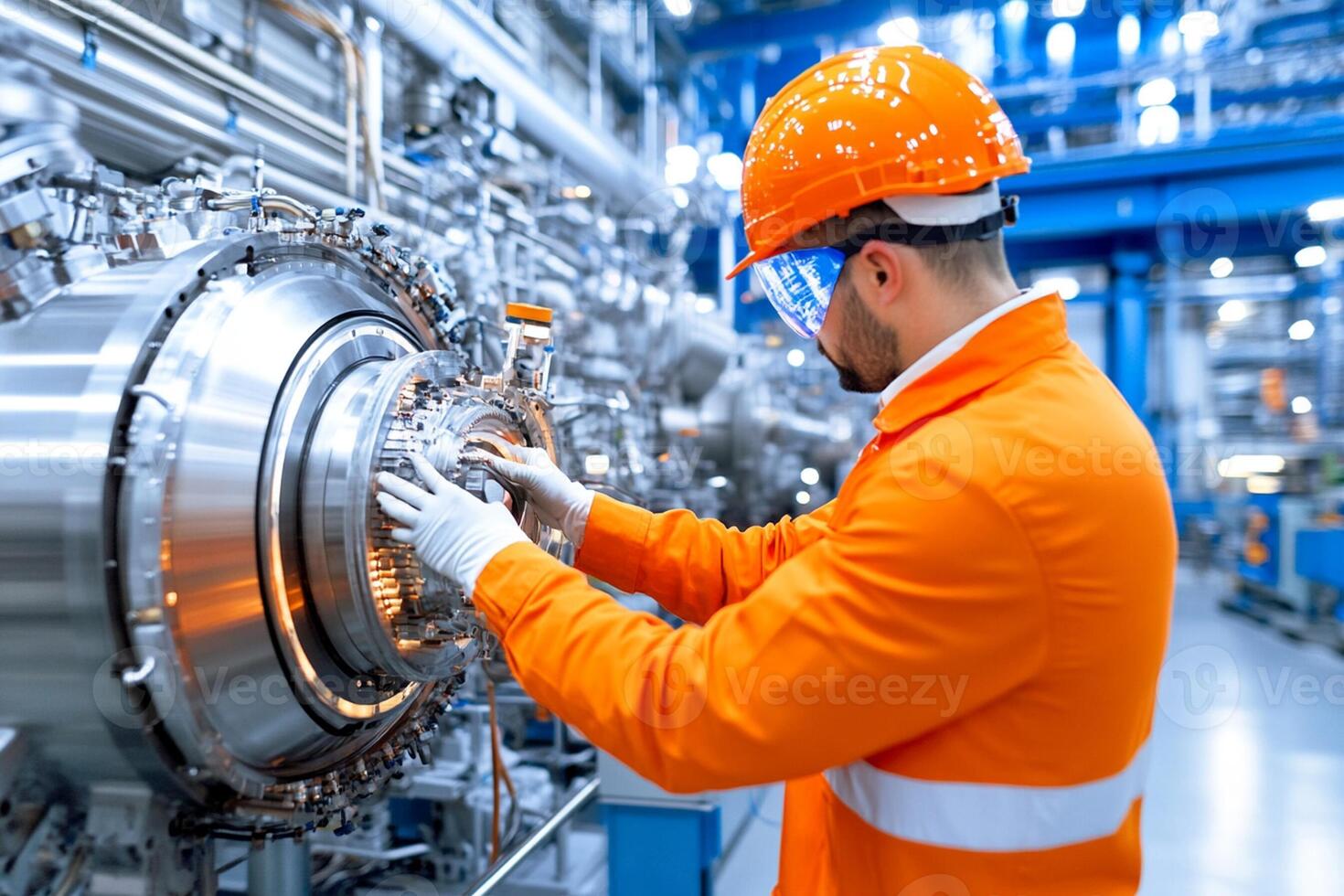 A man in an orange safety suit working on a machine photo