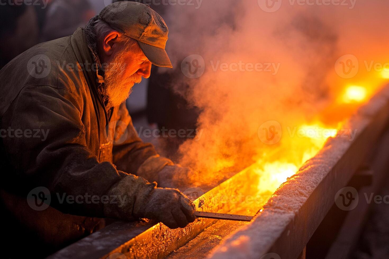 A man is working on a metal bar with fire photo