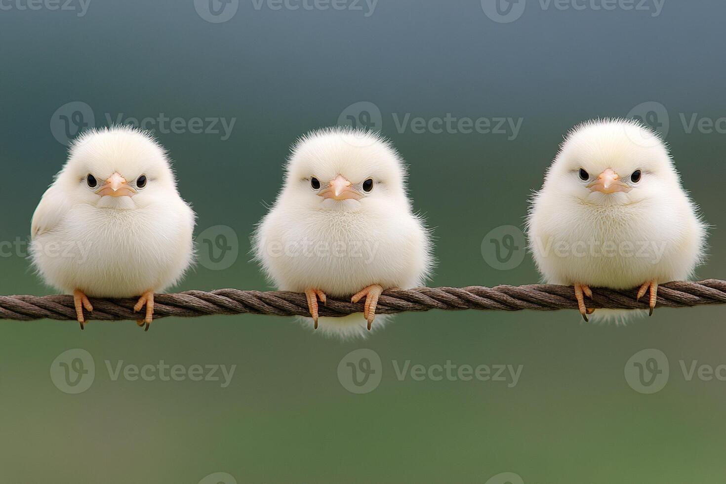 Three baby chicks sitting on a wire photo