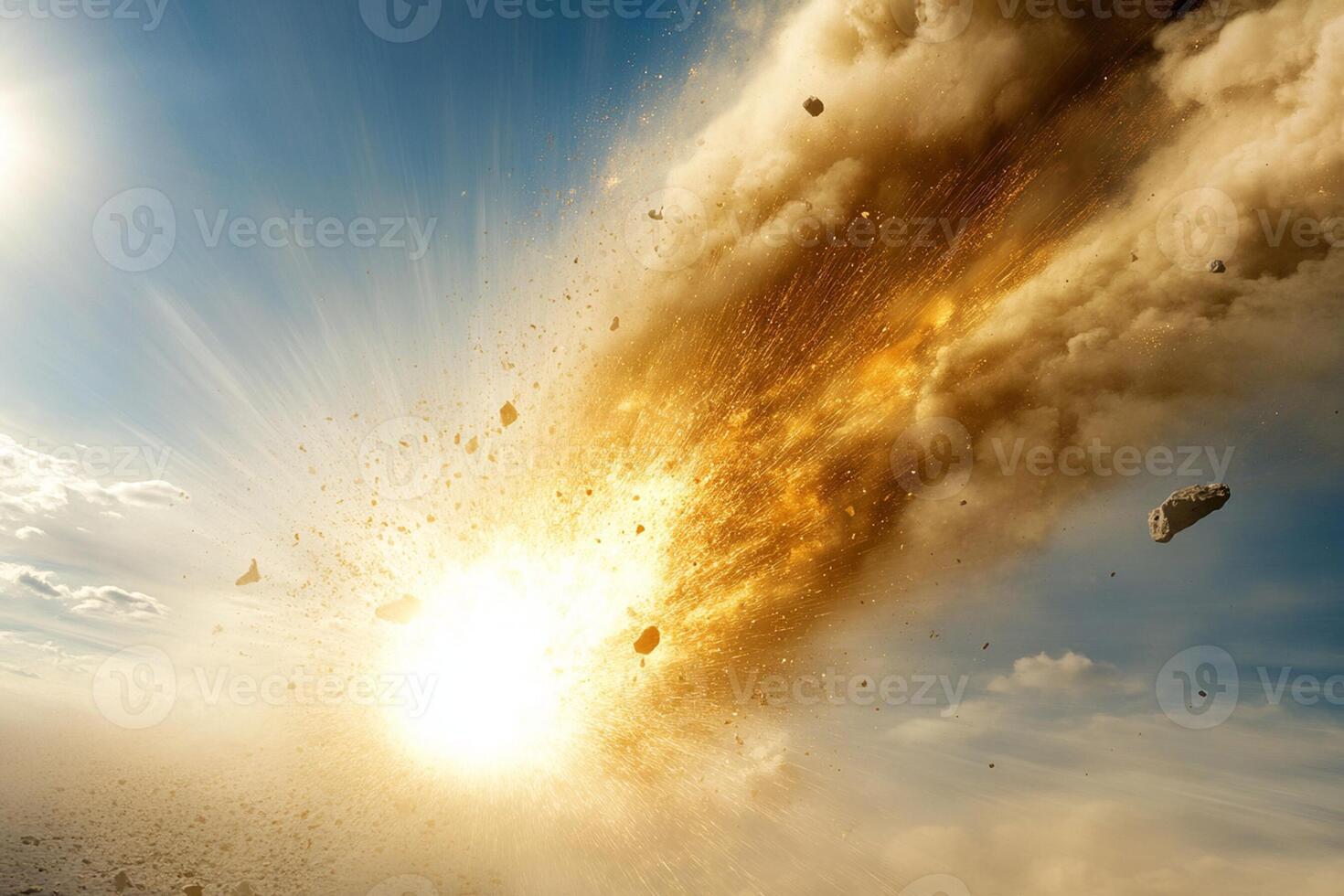 An explosion is seen in the sky with a large rock photo