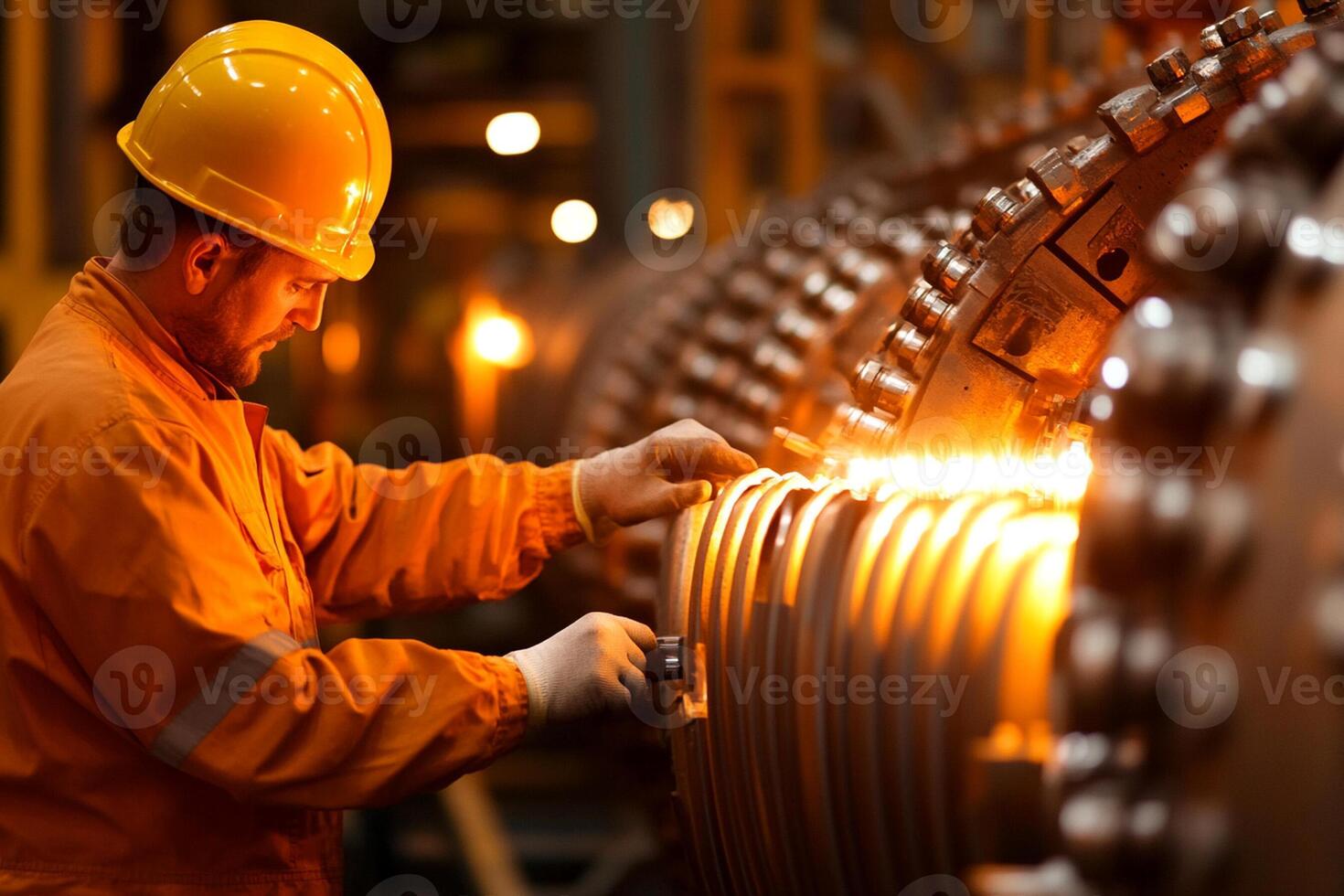 A man in an orange safety suit working on a pipe photo