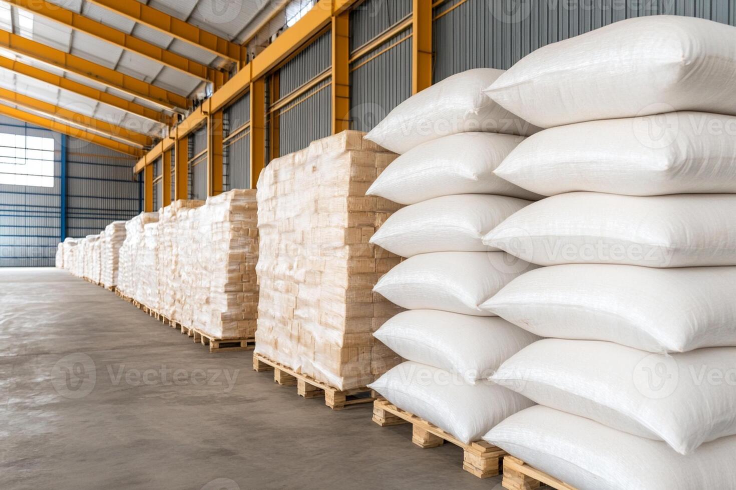 A warehouse with many sacks of white sand photo