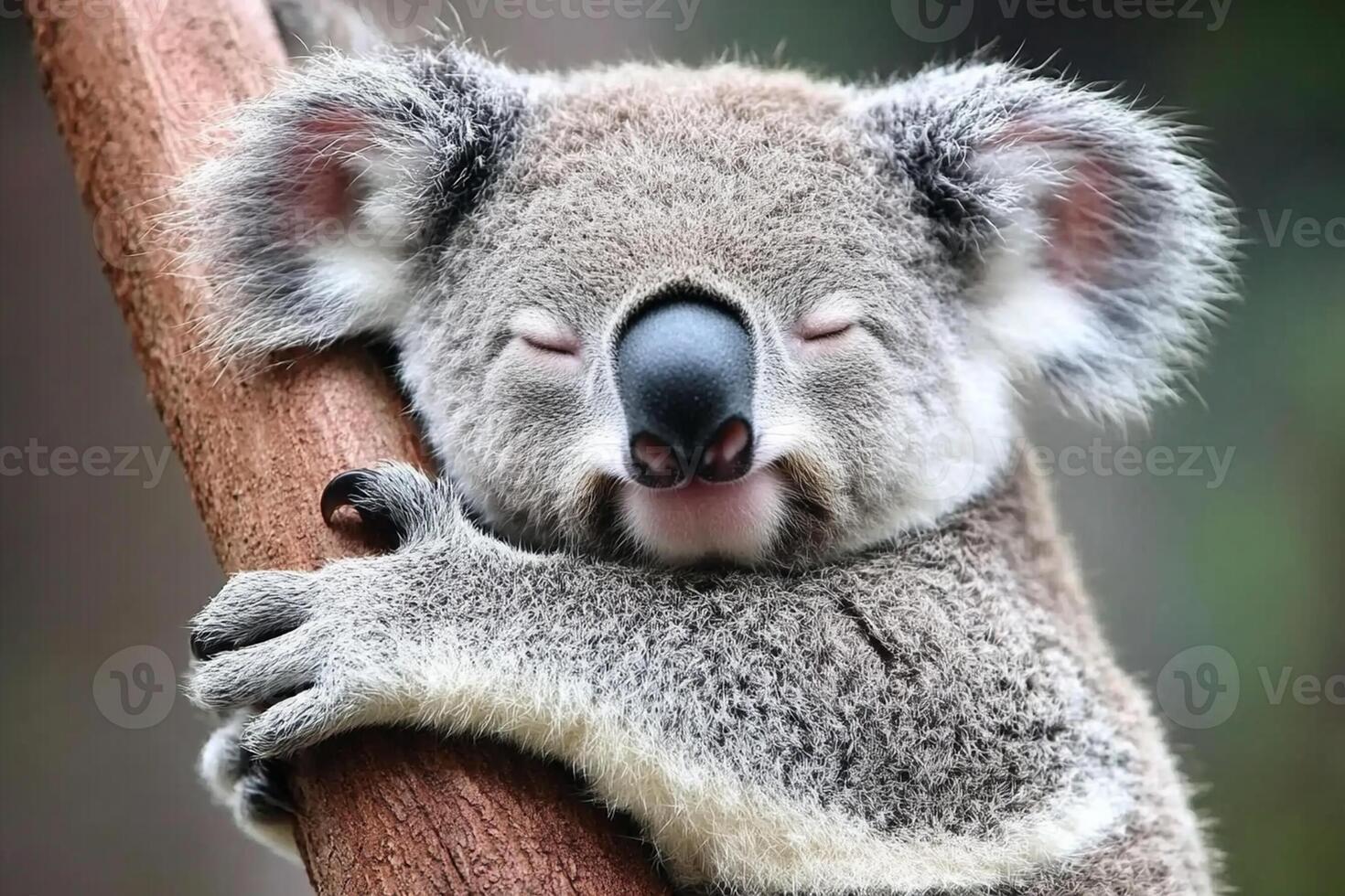 A koala bear sleeping on a tree branch photo