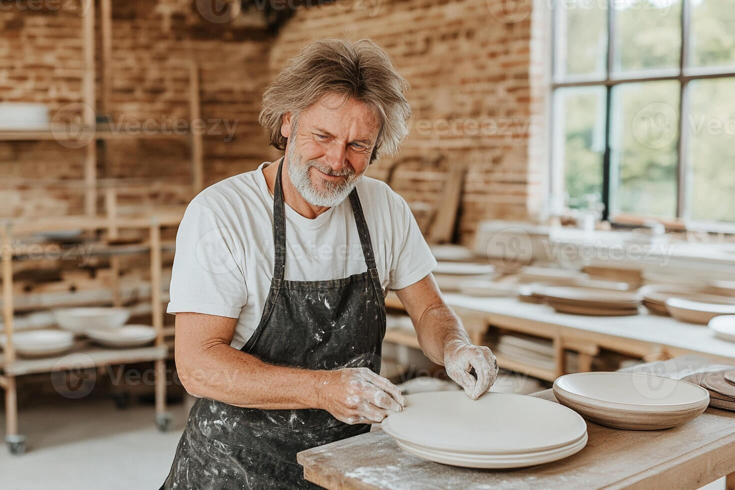 A man is making plates in a pottery studio photo