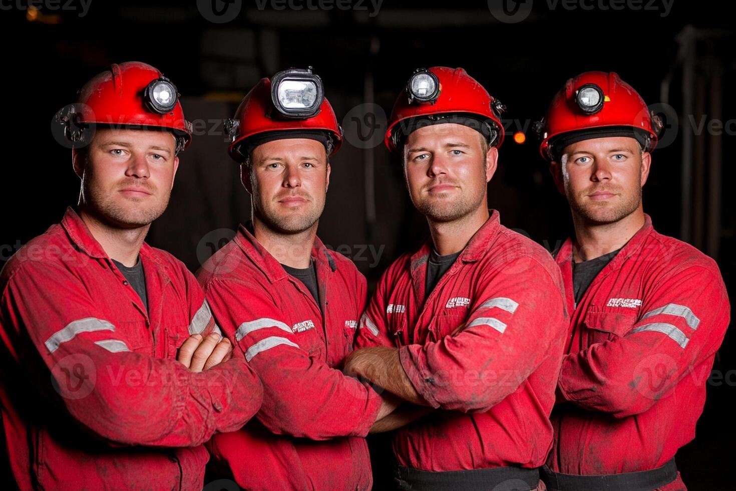 Four men in red hard hats and helmets photo