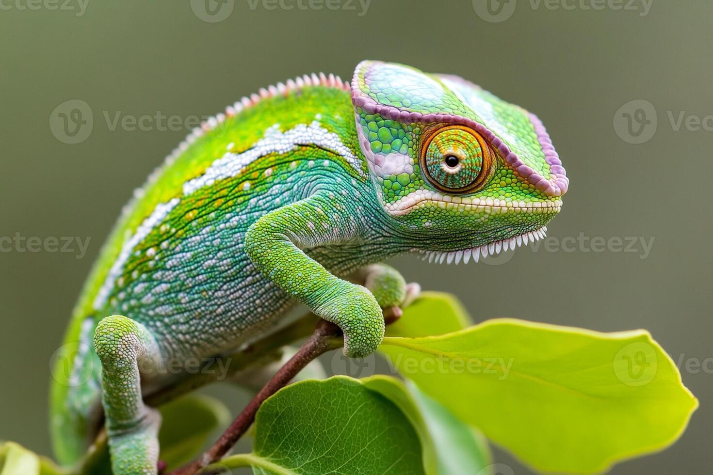 A chameleon is sitting on a branch photo